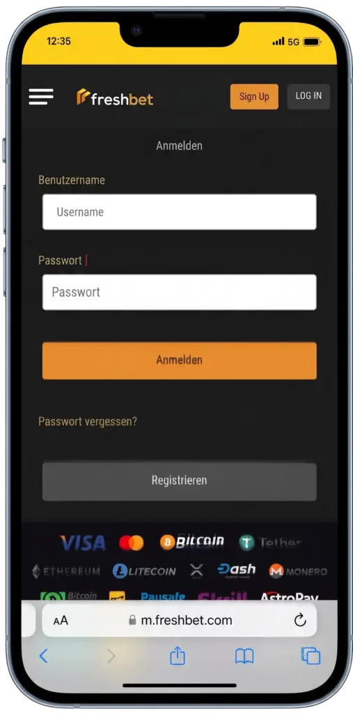 Screenshot der mobilen Freshbet-Anwendung