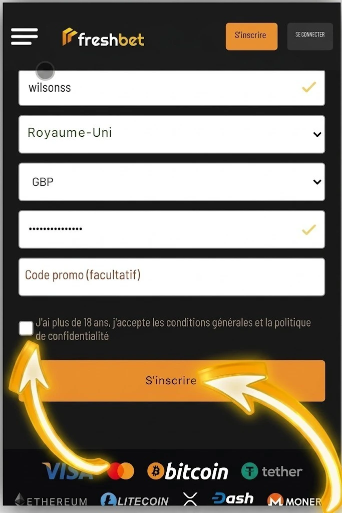 Formulaire d'inscription Freshbet