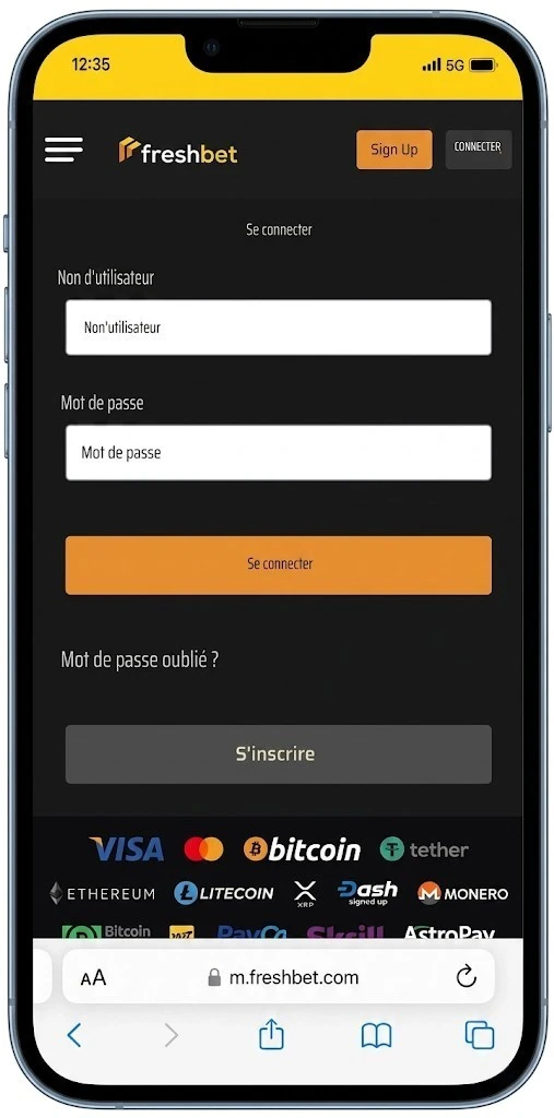 Capture d'écran de l'application mobile Freshbet
